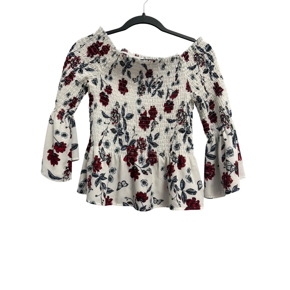 Candies Floral Butterfly Smocked Off The Shoulder Bell Sleeve Peplum Top White M - Picture 1 of 7